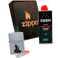 Подарочный набор Zippo Зажигалка 207 Fishing CLASSIC street chrome + Коробка + Бензин 3141 + Кремни 2406