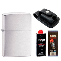 Комплект Zippo Зажигалка 200 CLASSIC brushed chrome + Бензин + Кремни в подарок + Чехол с прорезью LPTBK