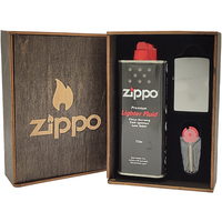 Фото Комплект Zippo Зажигалка 205 CLASSIC satin chrome + Бензин + Кремни + Подарочная коробка