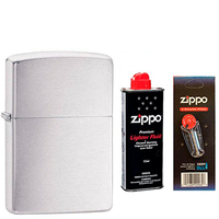 Фото Комплект Zippo Зажигалка 200 CLASSIC brushed chrome + Бензин + Кремни в подарок