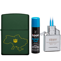 Комплект Zippo Зажигалка Regular Green Matte 221 Ukraine + Газовый инсерт к зажигалкам + Газ для зажигалок
