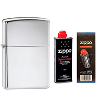 Комплект Zippo Зажигалка 167 CLASSIC armor high polish chrome + Бензин + Кремни в подарок