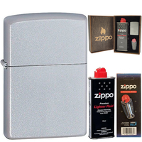 Фото Комплект Zippo Зажигалка 205 CLASSIC satin chrome + Бензин + Кремни + Подарочная коробка