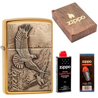 Фото Комплект Zippo Зажигалка WHERE EAGLESS DARE + Подарочная упаковка + Бензин + Кремни