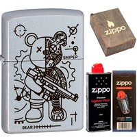 Фото Комплект Zippo Зажигалка 205 Sniper Bear CLASSIC satin chrome + Бензин + Кремни + Подарочная коробка