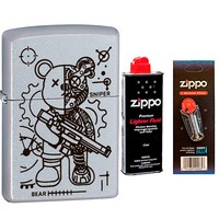 Фото Комплект Zippo Зажигалка 205 Sniper Bear CLASSIC satin chrome + Бензин + Кремни в подарок