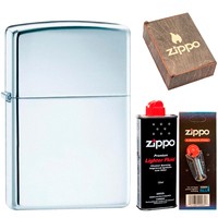Фото Комплект Zippo Зажигалка Zippo 167 CLASSIC armor high polish chrome + Подарочная упаковка + Бензин + Кремни
