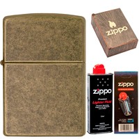 Фото Комплект Zippo Зажигалка Zippo 201FB FLAT BTM ANTIQUE BRASS + Подарочная упаковка + Бензин + Кремни