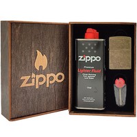 Фото Комплект Zippo Зажигалка Zippo 201FB FLAT BTM ANTIQUE BRASS + Подарочная упаковка + Бензин + Кремни