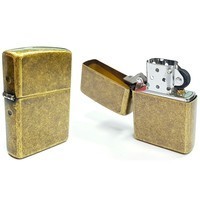 Комплект Zippo Зажигалка Zippo 201FB FLAT BTM ANTIQUE BRASS + Подарочная упаковка + Бензин + Кремни
