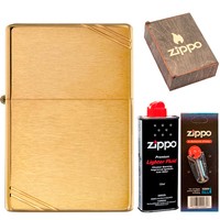 Фото Комплект Zippo Зажигалка Zippo 240 CLASSIC vintage brushed brass + Подарочная упаковка + Бензин + Кремни