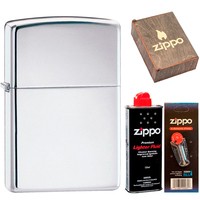 Фото Комплект Zippo Зажигалка Zippo 250 CLASSIC high polish chrome + Подарочная упаковка + Бензин + Кремни