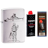 Фото Комплект Zippo Зажигалка 200-RVK CLASSIC brushed chrome + Бензин + Кремни в подарок